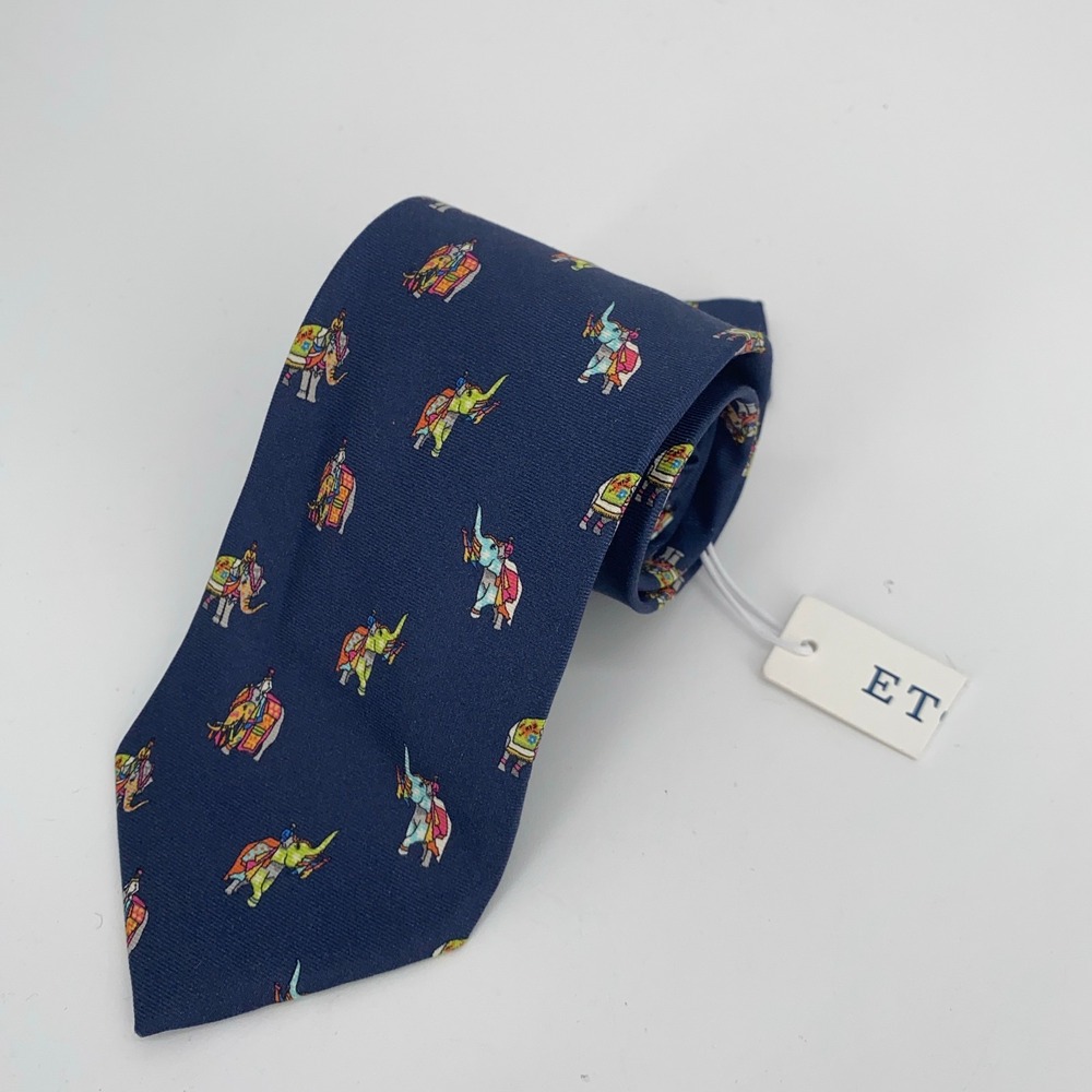 Eton Tie Mens One Size Navy Elephant Silk Classic Fit Luxury Necktie Italy Made